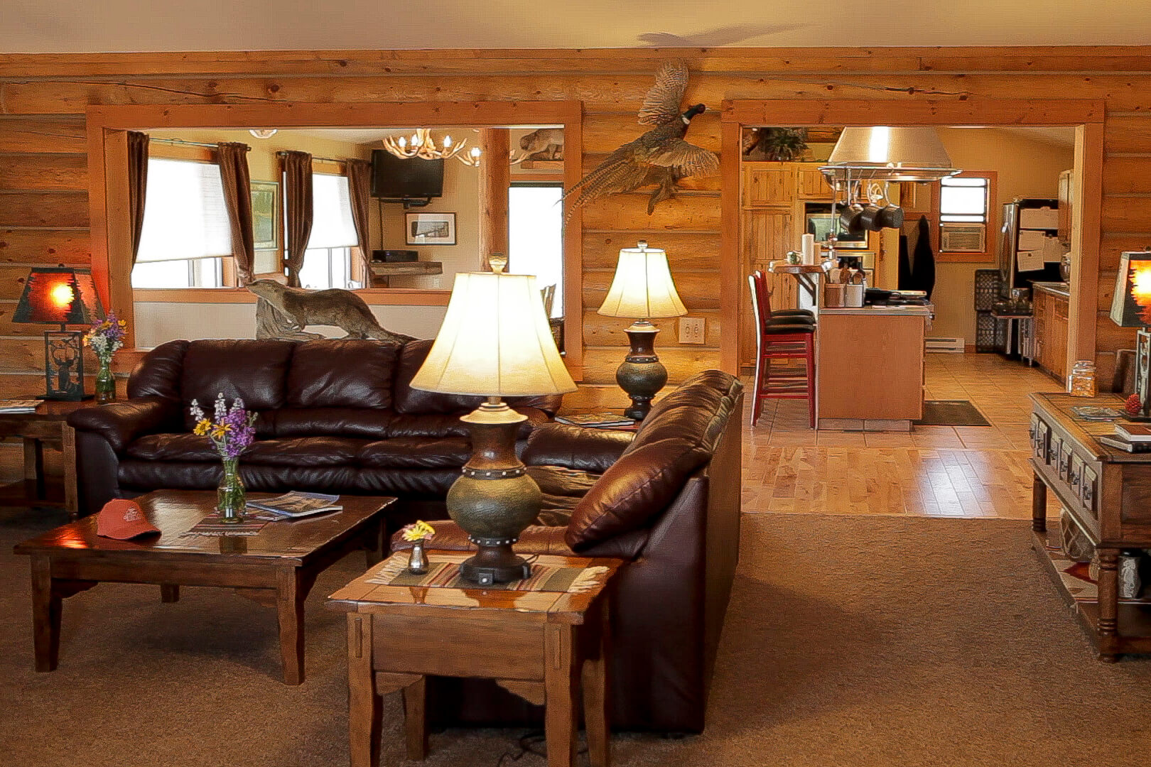 Warm and welcoming living room of bighorn river lodge